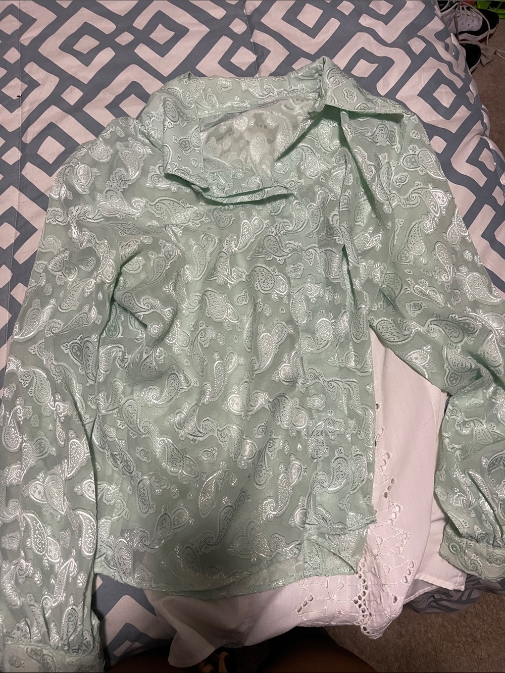Light Green Paisley Tie-Neck Blouse